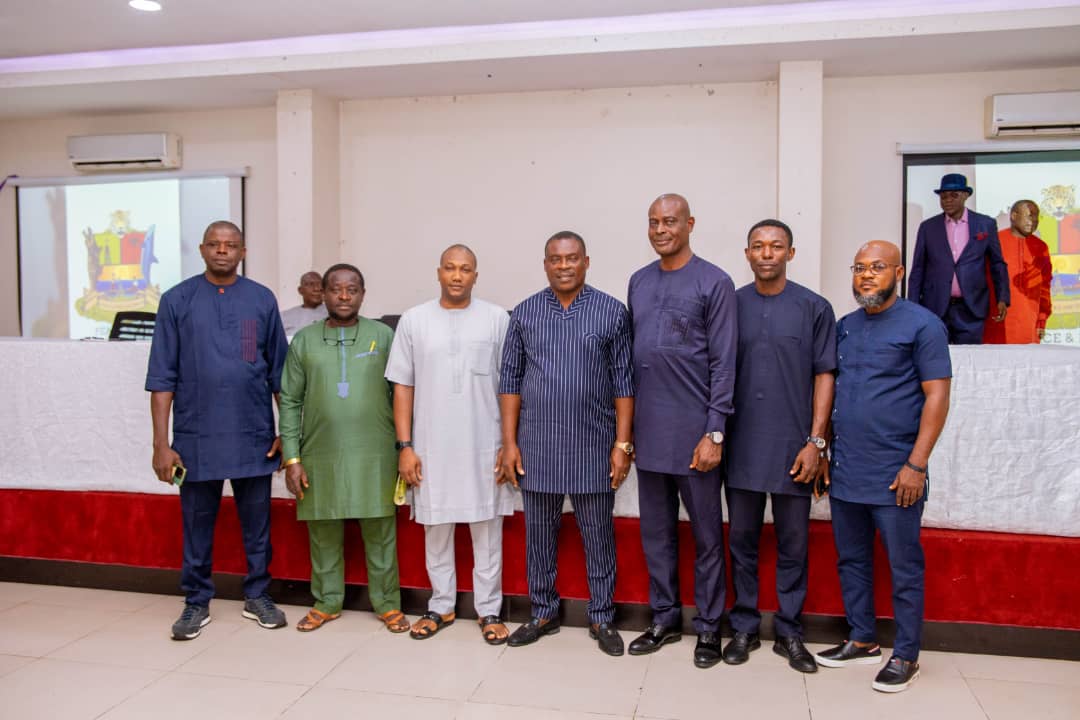 Representative of the Deputy Governor, Senator Lawrence Ewhrudjakpo, his Deputy Chief of Staff, Comrade Gowon Toruyouyei (Middle) with members of the NBC Field Team, shortly after inaugurating the team at the interactive meeting in Yenagoa on Tuesday