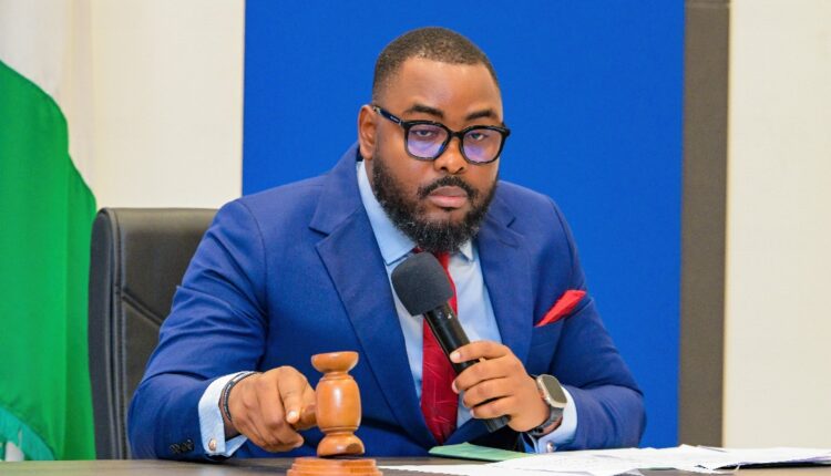 Speaker, Rivers State House of Assembly, Rt Hon Victor Oko-Jumbo; hitting the gavel to confirm Dagogo Israel Iboroma, SAN, as commissioner-designate aftrr screening at the floor of the House, Auditorium of the Administrative Block Building of Government House in Port Harcourt on Monday.